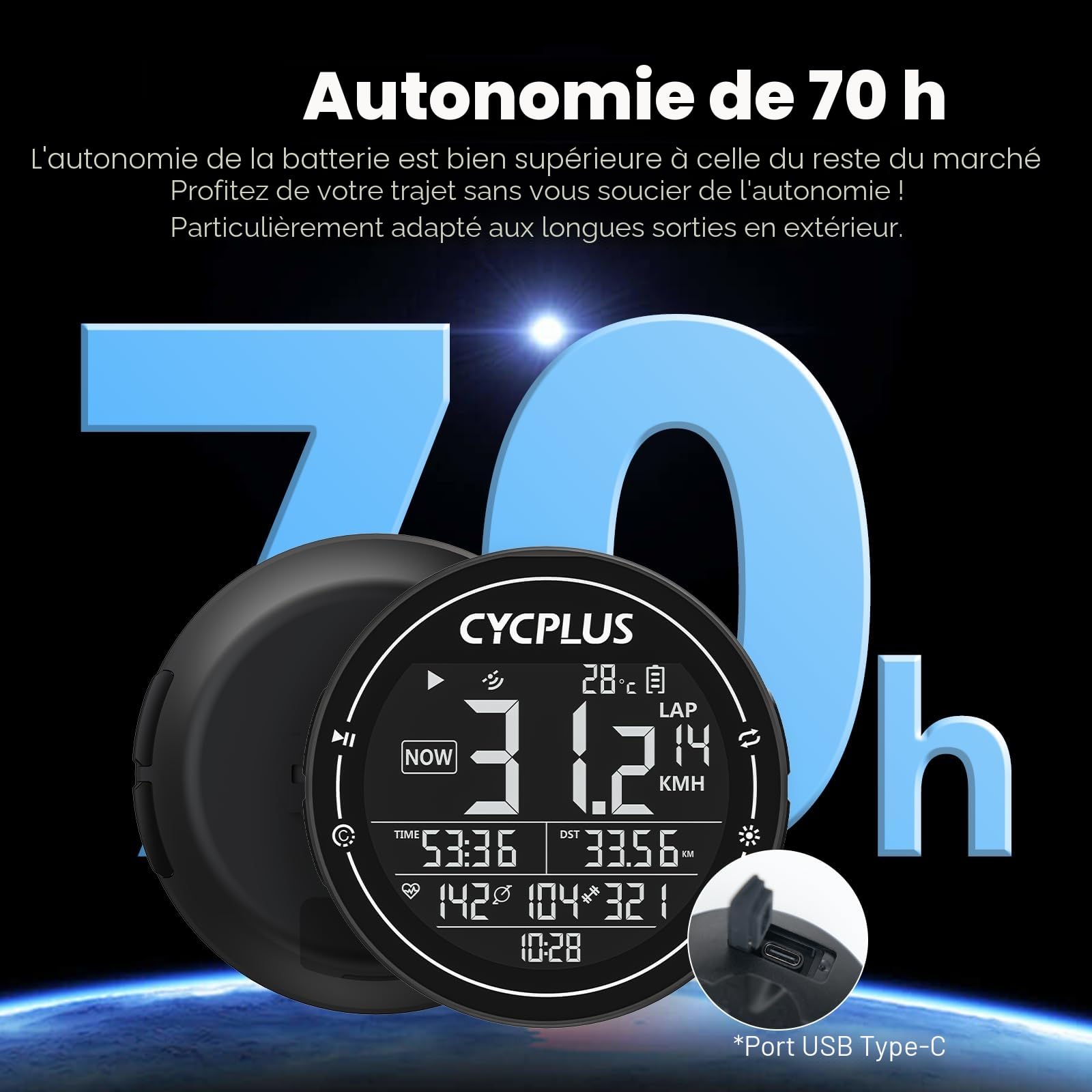 CYCPLUS Ordinateur de vélo GPS - Ordinateur de vélo sans Fil étanche IPX6 - Tacho de vélo Ant+ - Ordinateur de vélo sans Fil Bluetooth 5.0 - Compatible avec Strava