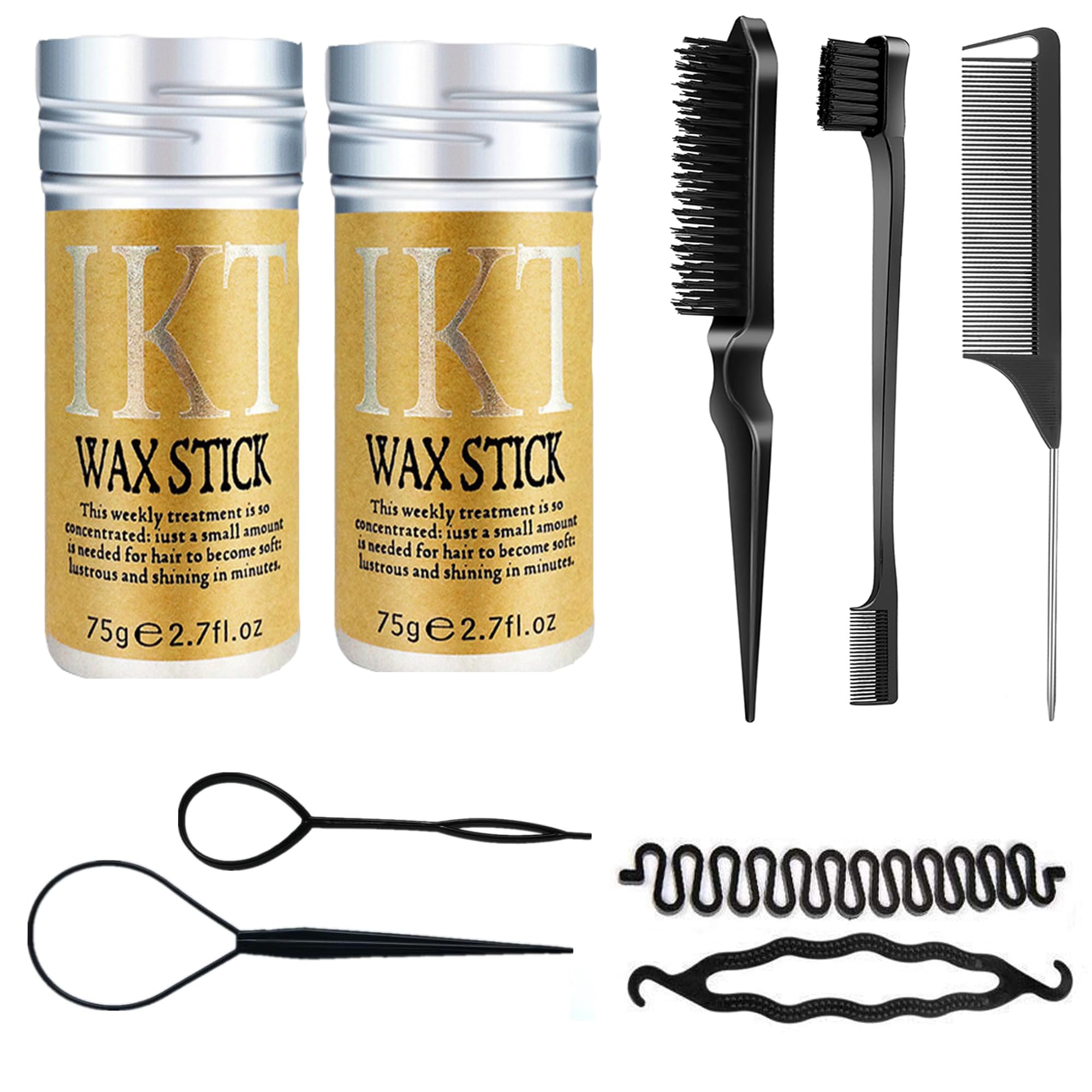 Hair Wax Stick and Slick Back Hair Brush Set, 2Pcs Hair Wax Stick, 3Pcs Slick Back Hair Brush Set with Edge Brush and 2 pcs Hair Loop Styling Tool set