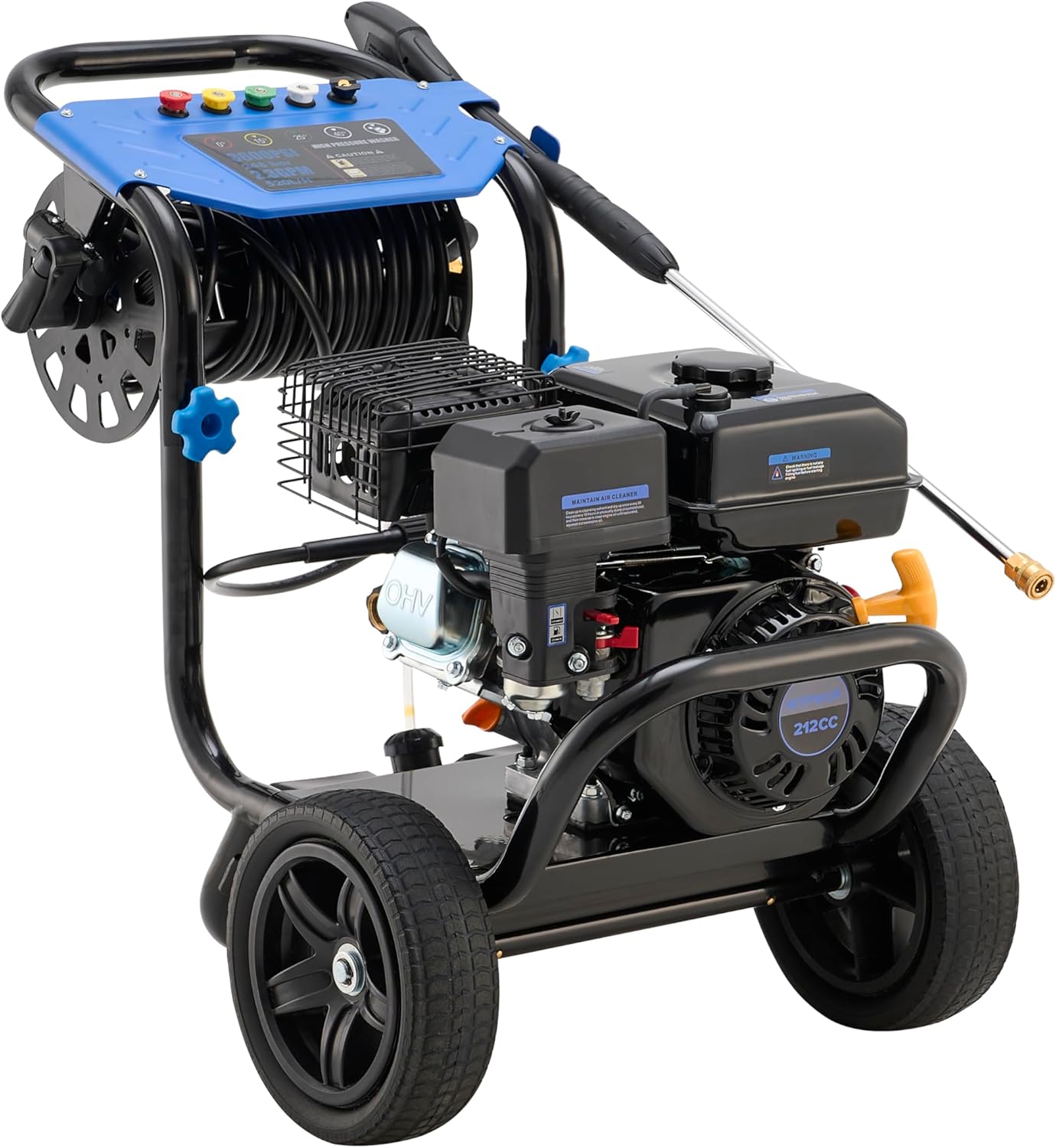 3600 PSI Gas Pressure Washer, 2.3 GPM Heavy Duty Power Washer with 30Ft Hose Reel, 212CC 7HP Engine, Axial Aluminum Pump, Soap Tank, 5 Quick-Connect Nozzles, Blue