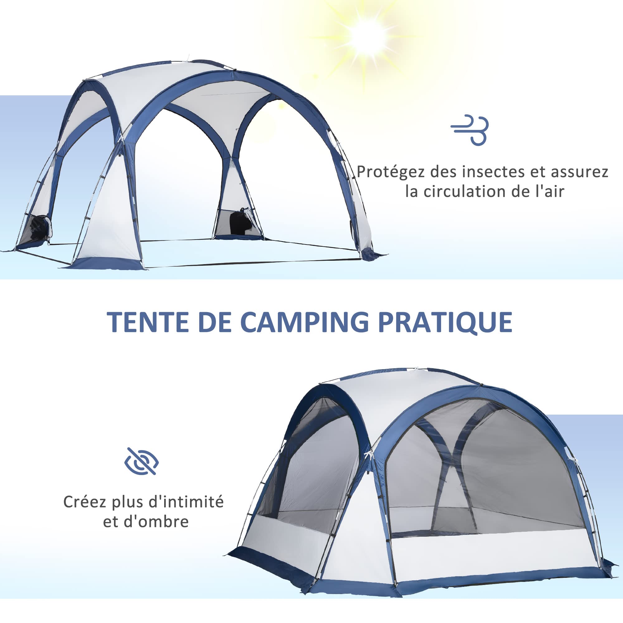 Outsunny Tente de Camping dôme familiale pour 6-8 Personnes avec 4 Portes en Filet zippées, Tissu Oxford Amovible, Crochet pour Lampe, Sac de Transport dim. 350L x 350l x 230H cm - Blanc et Bleu