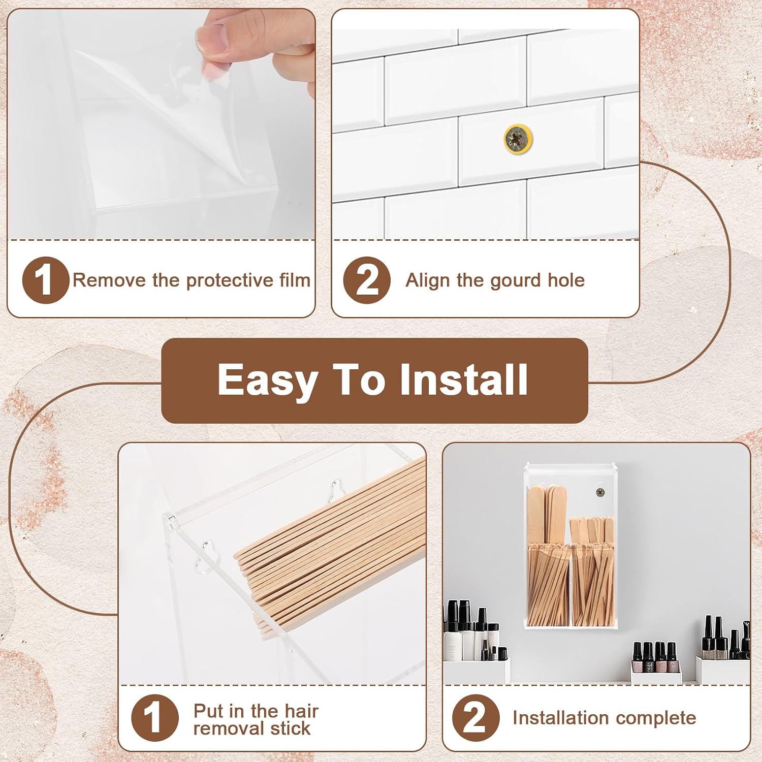 300 PCS 4 Style Waxing Sticks Wooden with Acrylic Wall Mounted Organizer Assorted Wax Applicator Sticks Small Medium Large Popsicle Sticks Bulk Craft Sticks Jumbo for Body Legs Face Tongue Depressor