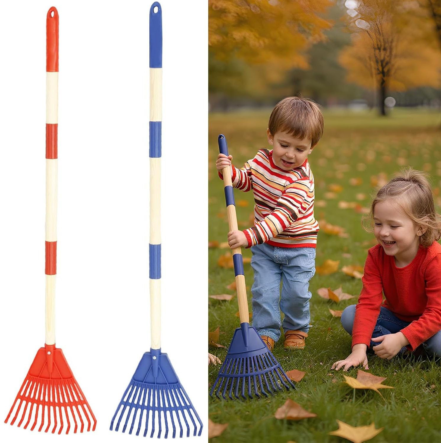 KTCINA 2Pcs Kids Rakes For Leaves, 33.8" Adjustable Lawn Rake Garden Rake with Detachable Wood Handles Kids Garden Tool Set Toy Gifts for Boys And Girls Camping Flower Beds Mulch Shrub(Style1)