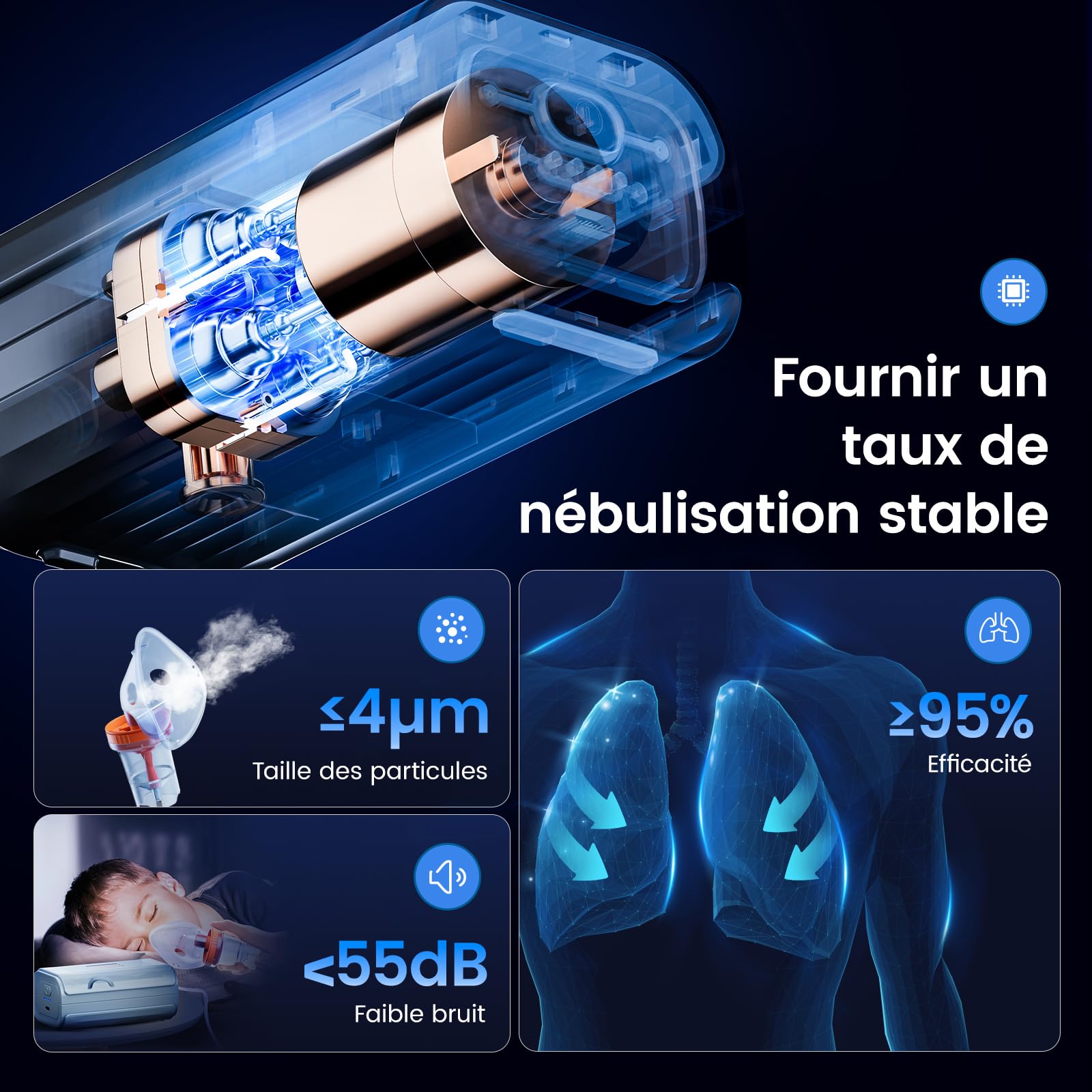 Nébuliseur à Ultrasons à Compresseur Silencieux - Nébuliseur Inhalateur Portable Puissance, Adapté Aux Enfants et Aux Adultes, Avec Tuyau Respiratoire et 2 Masques, Vitesse de Nébulisation Réglable