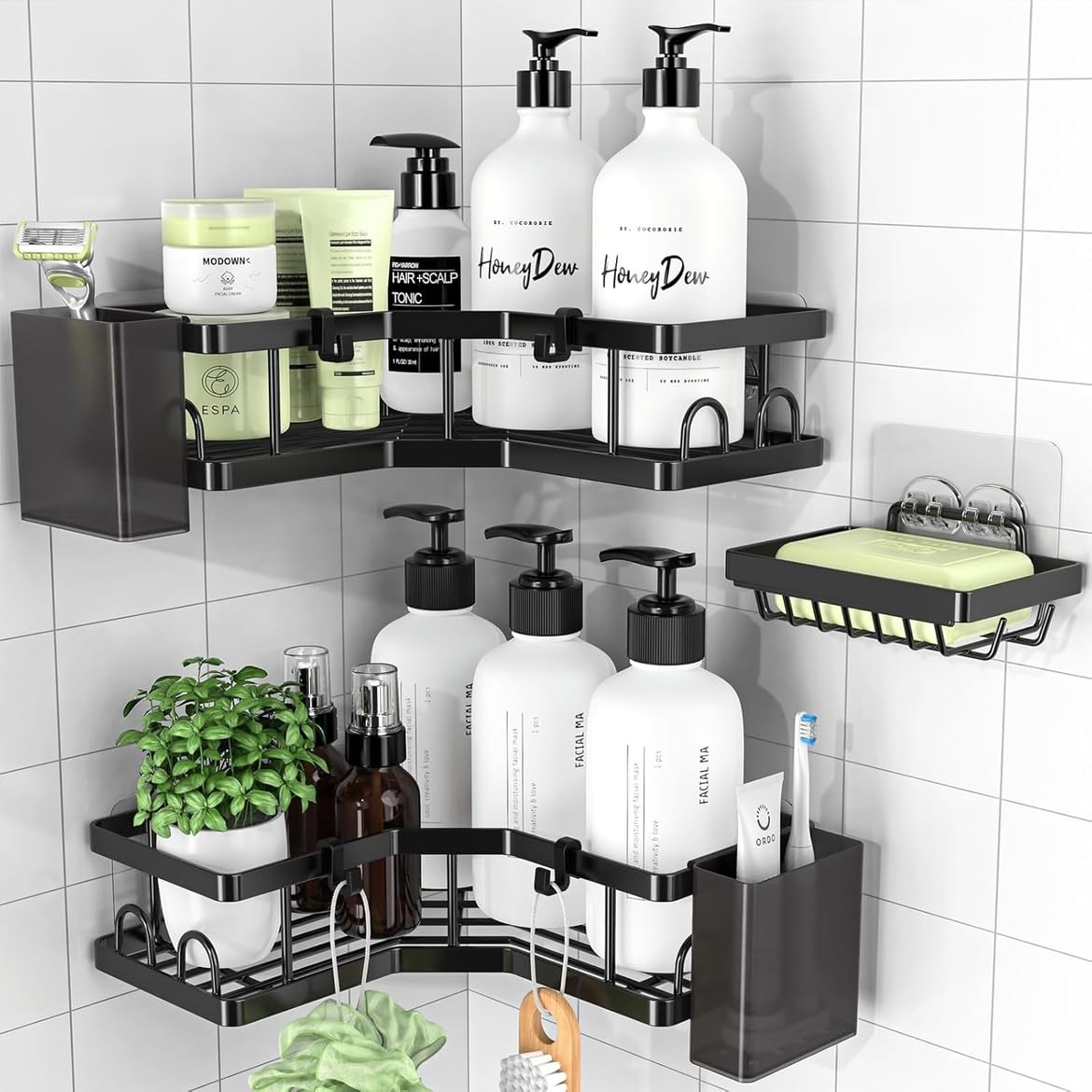 PKBD Corner Shower Caddy 3 Pack,Bathroom Storage No Drilling,shower storage with Soap Holder&Hooks&Toothpaste Holders,Bathroom or Kitchen,Rustproof Stainless Steel suction bathroom accessories,BlackPKBD Corner Shower Caddy 3 Pack,Bathroom Storage…