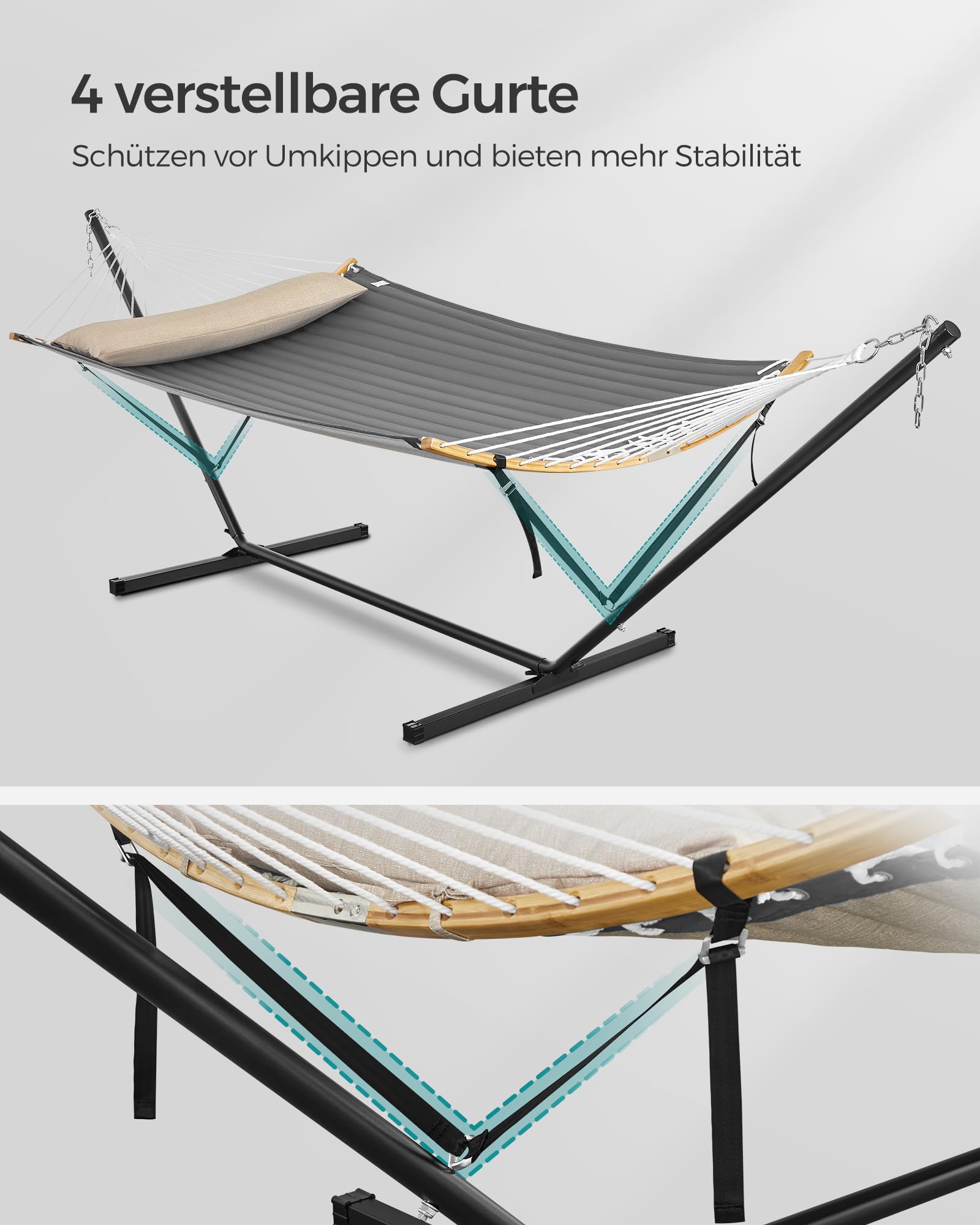 SONGMICS Hängematte mit Gestell, Hängemattengestell aus Metall, Doppelhaltestange, mit Kissen, bis 200 kg belastbar, Garten, schwarzes Gestell und graue Hängematte GHS002G01