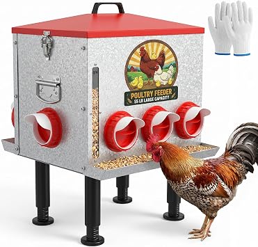 55LB Large Capacity Automatic Chicken Feeder with Window, 8 Feeding Ports Galvanized Steel No-Waste Raised Chicken Feeder with Lid & Height Adjustable Stand, Automatic Gravity Fed for Hens, Roosters