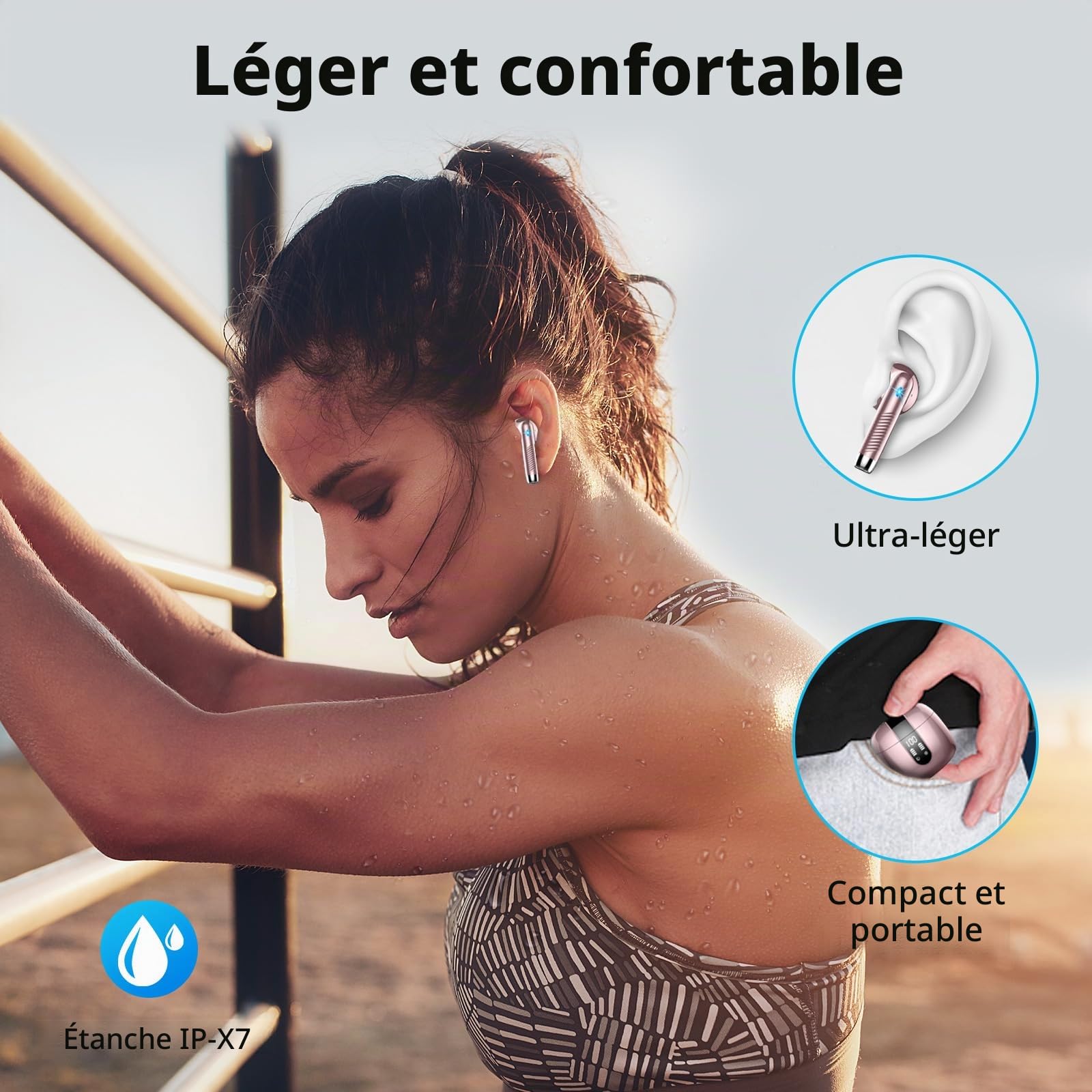 Ecouteurs Bluetooth sans Fil, Écouteurs Bluetooth 5.4 avec HiFi Stéréo Basses Casque, 30H Récréation, 4 ENC Réduction de Bruit Mic, Oreillette Bluetooth Sport IP7 Étanche, Écran LED, pour iOS Android