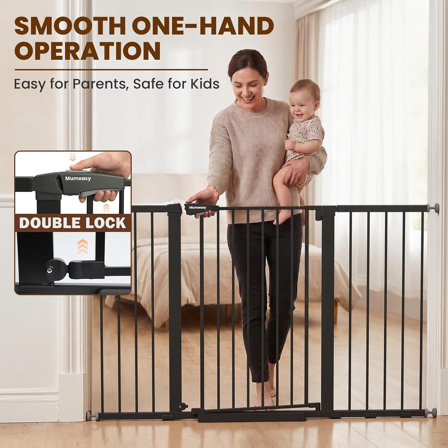 Mumeasy 36" Extra Tall Baby Gate for Doorways, 29.7"-57" Extra Wide Dog Gate for Stairs, Pressure Mounted Auto Close Pet Safety Gate with Easy Walk Thru Door, Large Indoor Child Gate for House, Black