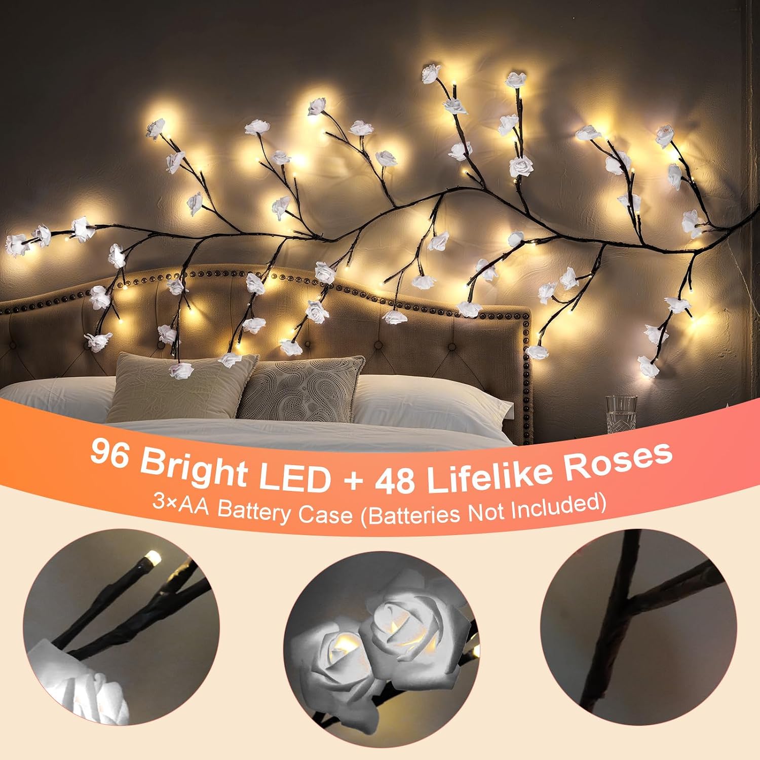 6FT Rose Willow Vine Lights USB Powered Room Decor, image 2