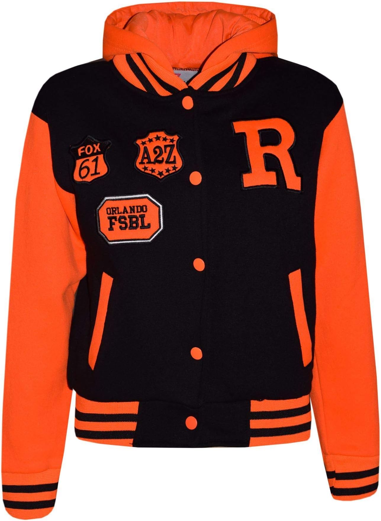 A2ZKids Girls Boy R Fashion Baseball Black Neon Orange Hooded Jacket Varsity Hoodie