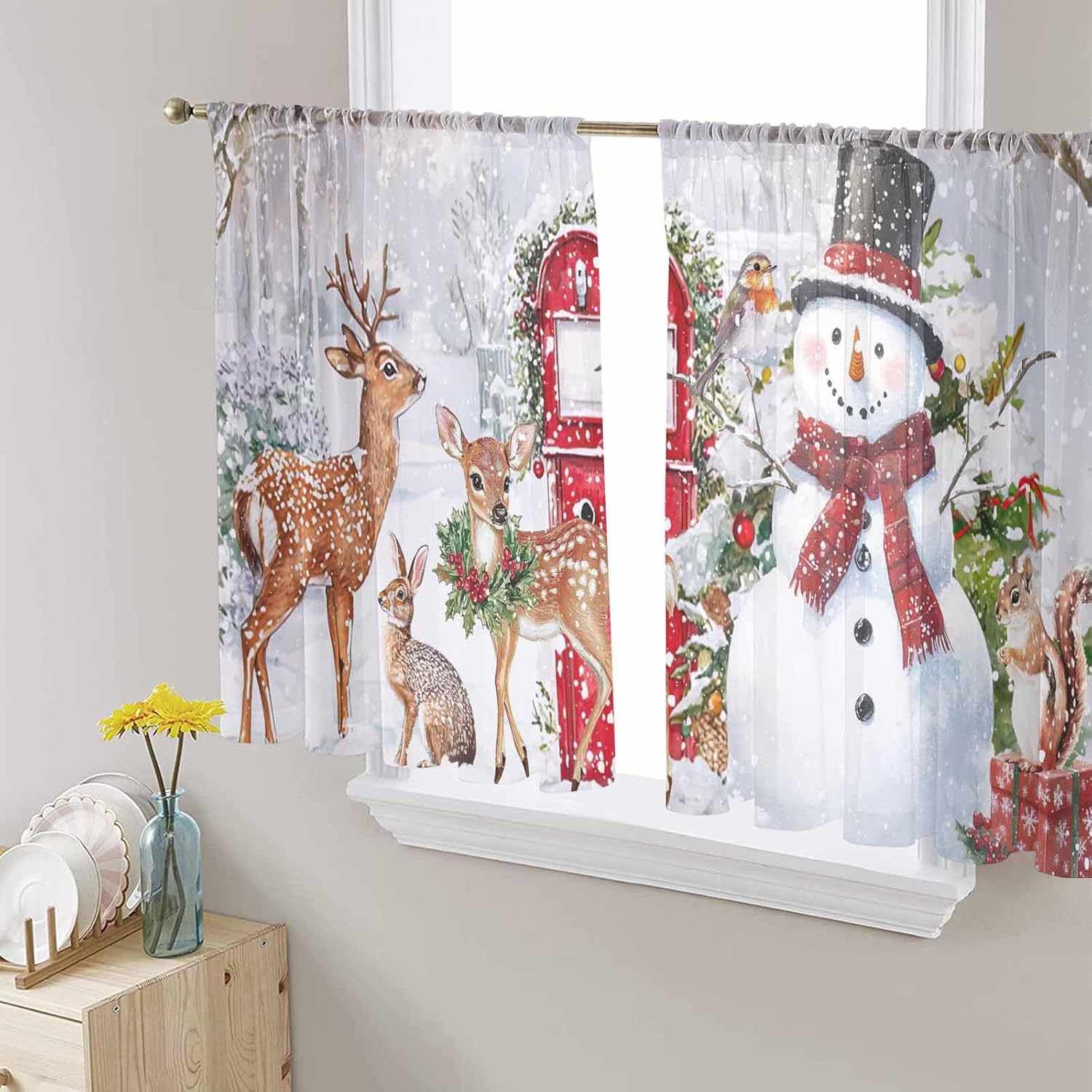Christmas Sheer Curtains for Living Room 2 Panels, Snowman Deer Xmas Balls Snowy Scene Voile Curtain Drapes for Bedroom Light Filtering & Privacy Winter Holiday Window Treatment W52 x L45, Set of 2