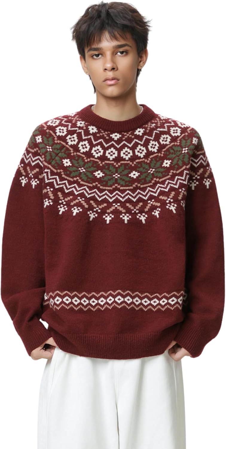 Vamtac Sweaters for Men Fair Isle Pullover Sweater Christmas Outfits Crewneck Vintage Jumper Tops Fall Winter Soft Knit - Image 2