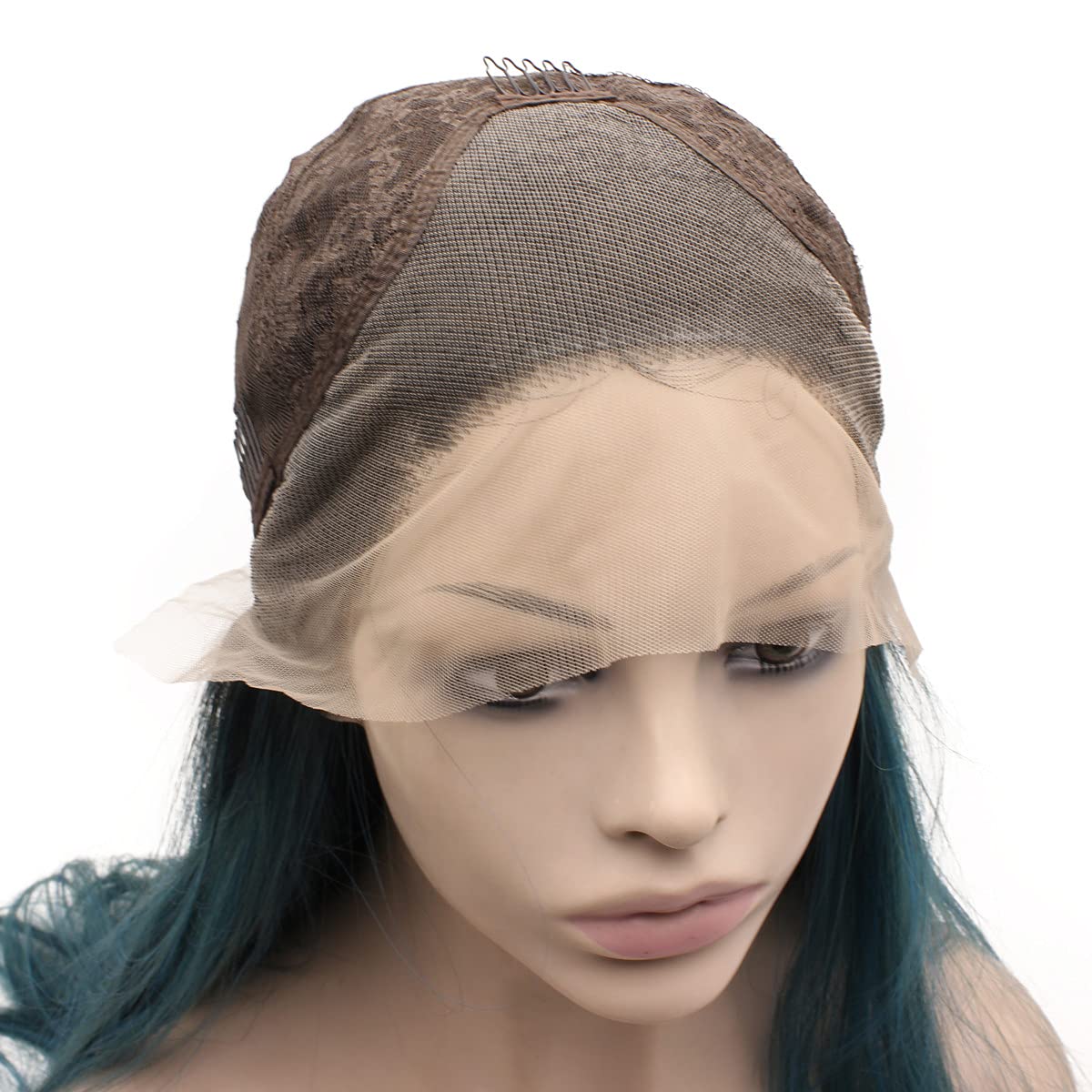 MX angel Long Black Roots Dark Blue Hand Tied Synthetic Wig Lace Front Heat Resistant Fiber Hair