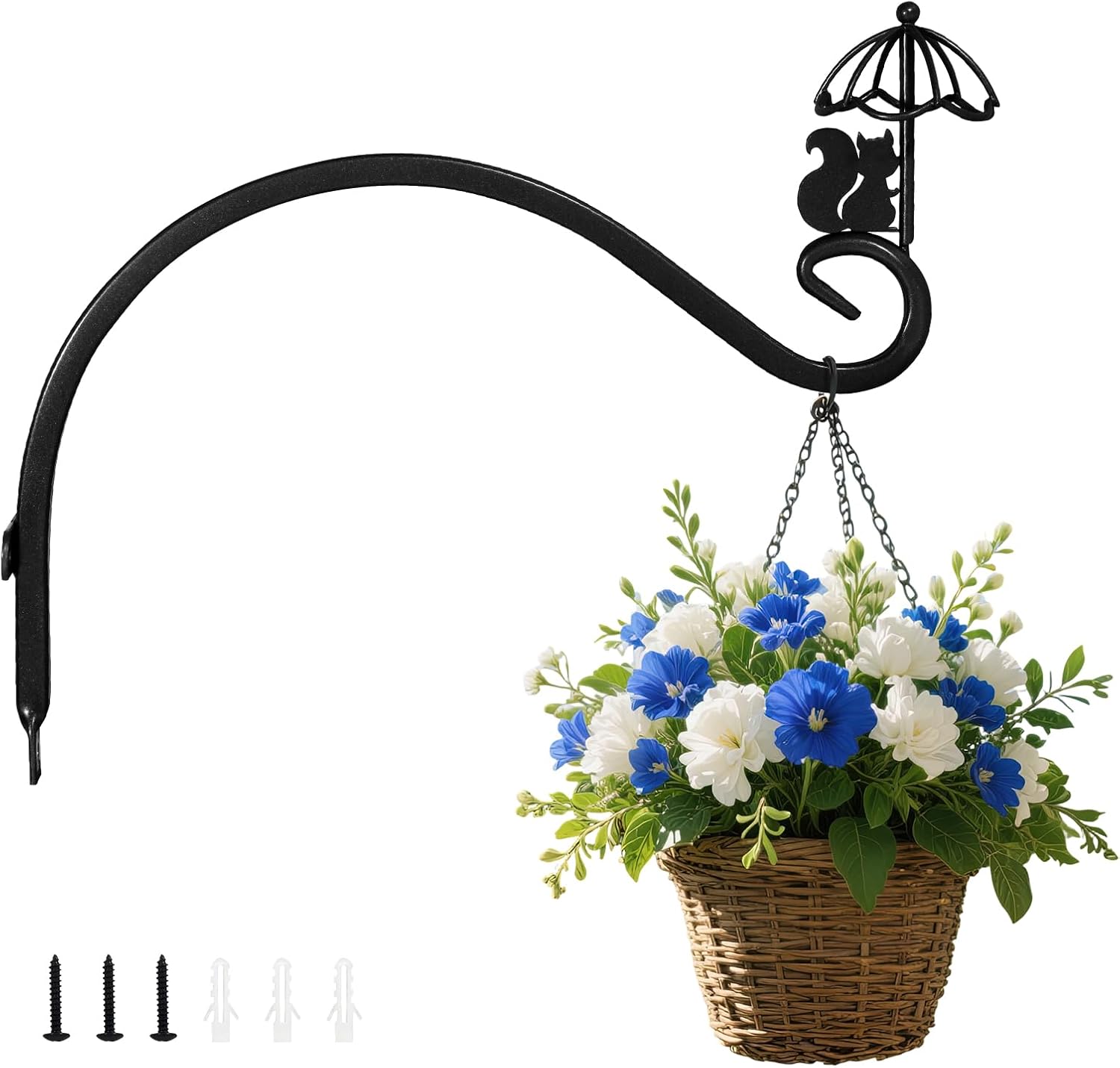 1-Pack 11 Inch Hanging Plant Bracket – Iron Wall Plant Hanger for Outdoor/Indoor, Decorative plant hooks with Playful Squirrel Pattern for Hanging Bird Feeders, Wind Chimes, Lanterns, Baskets(Black)
