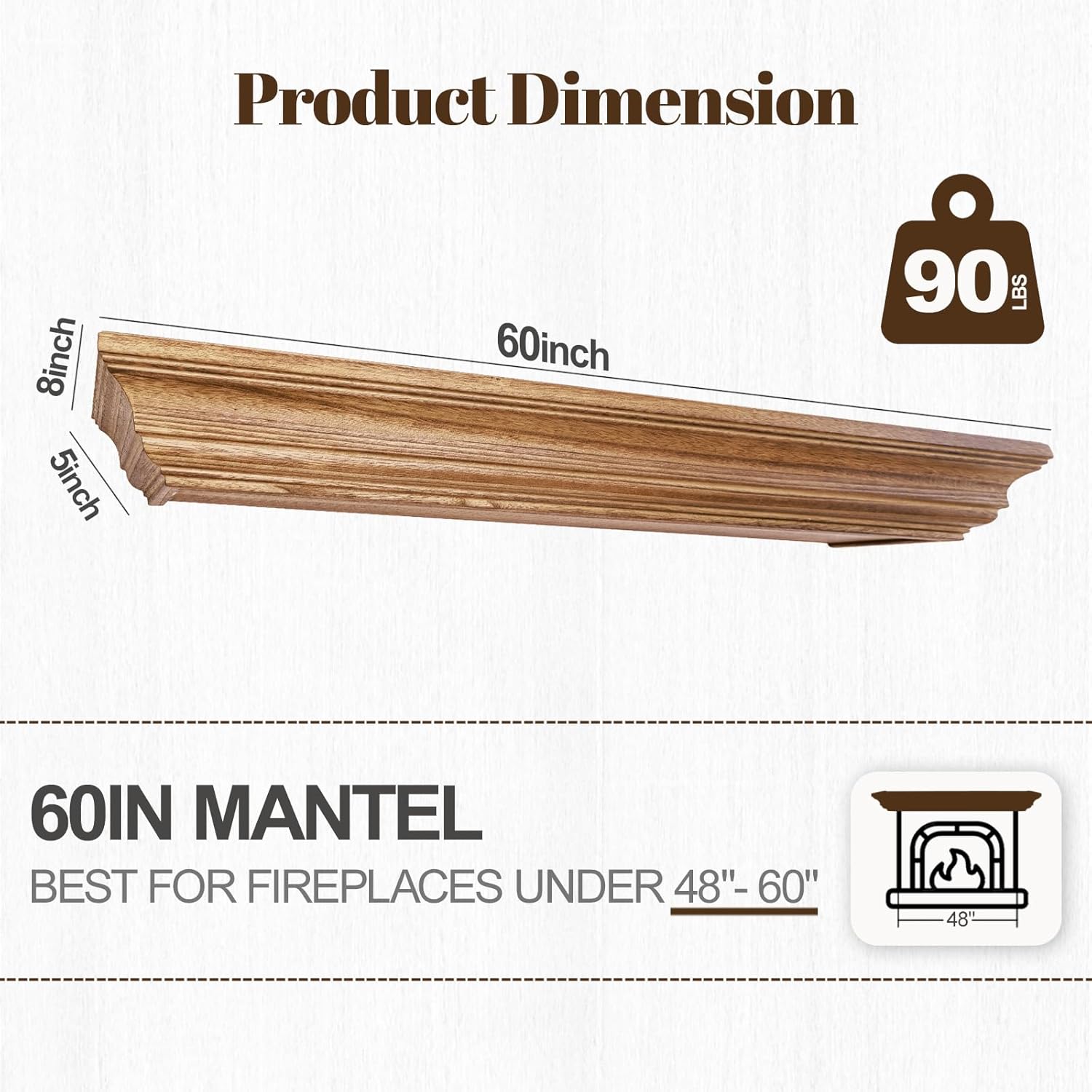 Rustic Fireplace Mantel Shelf, 60" Wooden Floating Shelf for Over Fireplace, Wall Mounted Fire Place Mantel, Farmhouse Hanging Floating Shelves, Oak Color