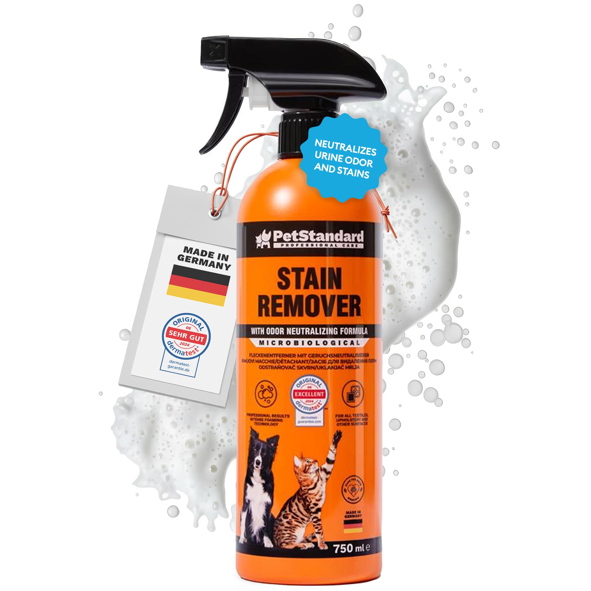 PetStandard Enzymatyczny środek czyszczący do moczu kota i moczu psa – środek do usuwania plam i zapachów do dywanów i tapicerek | ekstra siła piany | Made in Germany | 750 ml