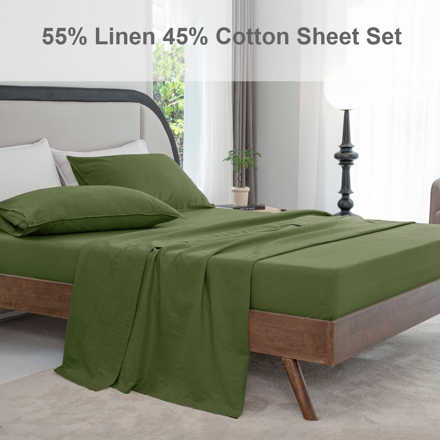 Talasily Linen Sheets-Queen Size Sheets Set,Blend from Linen Cotton Bedsheets,All Seasons Soft Breathable 4 Piece Set-Mossy Green