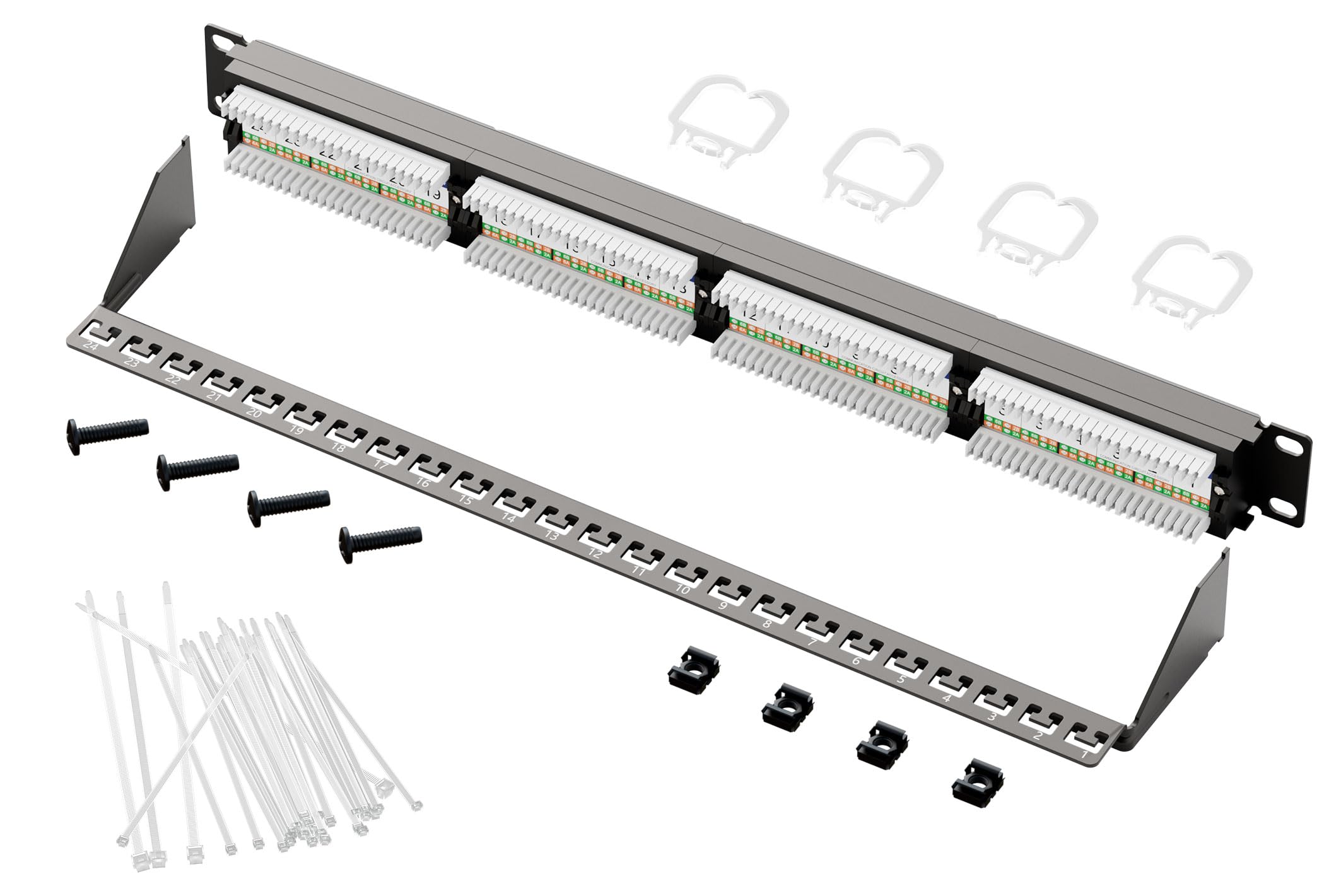 FGB Panel de conexión Cat6 de 24 puertos, panel de conexión Ethernet RJ45, 1U | 19 pulgadas, montaje en rack, montaje en pared, para redes Gigabit, panel de conexión de red, 10 GB