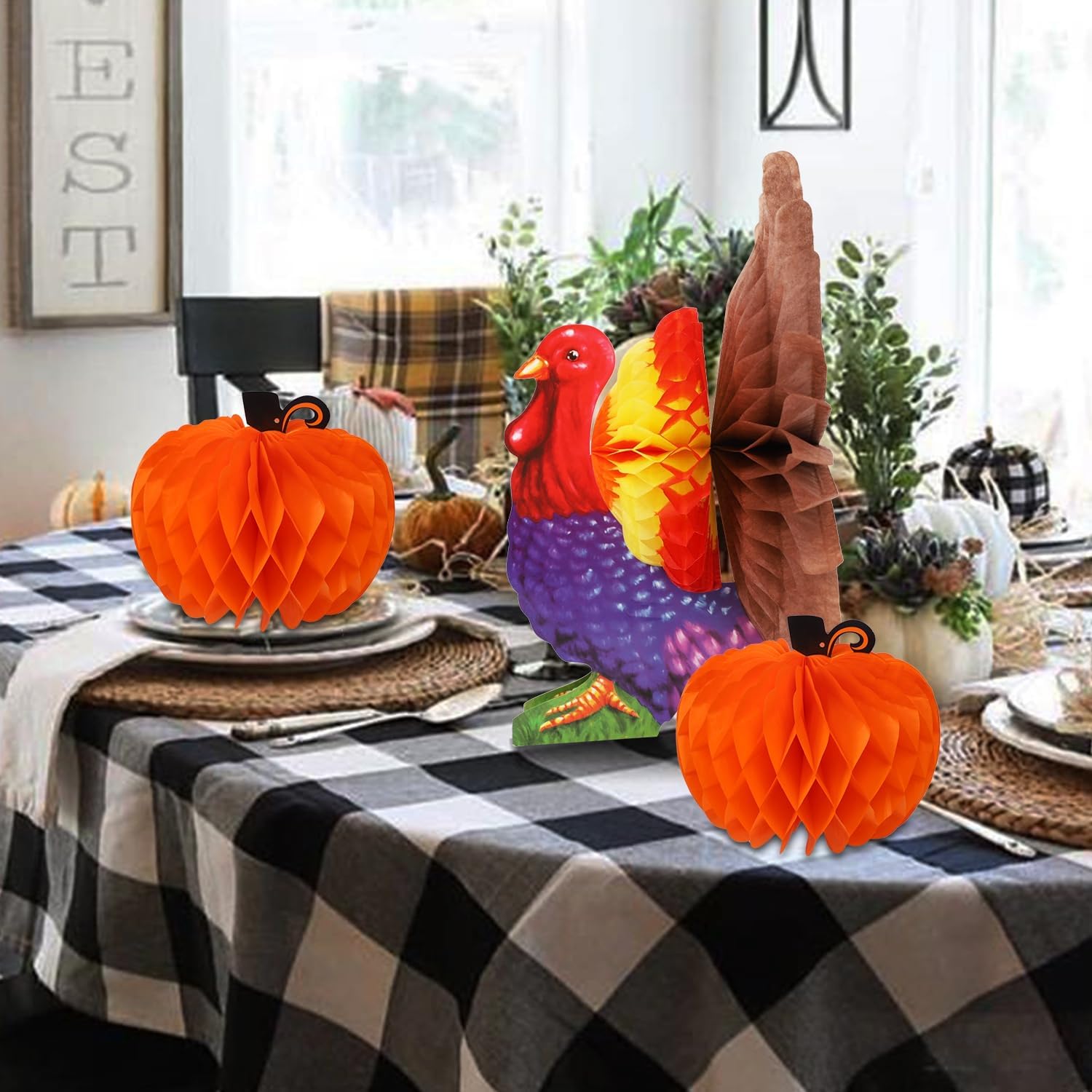 yosager 3 Pack Thanksgiving Table Decorations Tissue Turkey and Pumpkin, Honeycomb Decor Thanksgiving Centerpiece Party Accessory Table Supplies