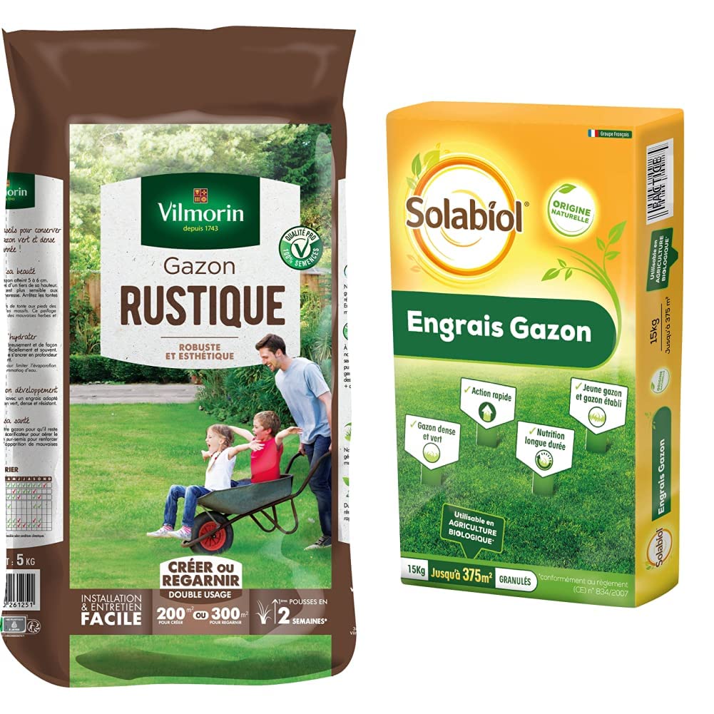 Gazon rustique Vilmorin 5 kg avec engrais organique Solabiol 15 kg