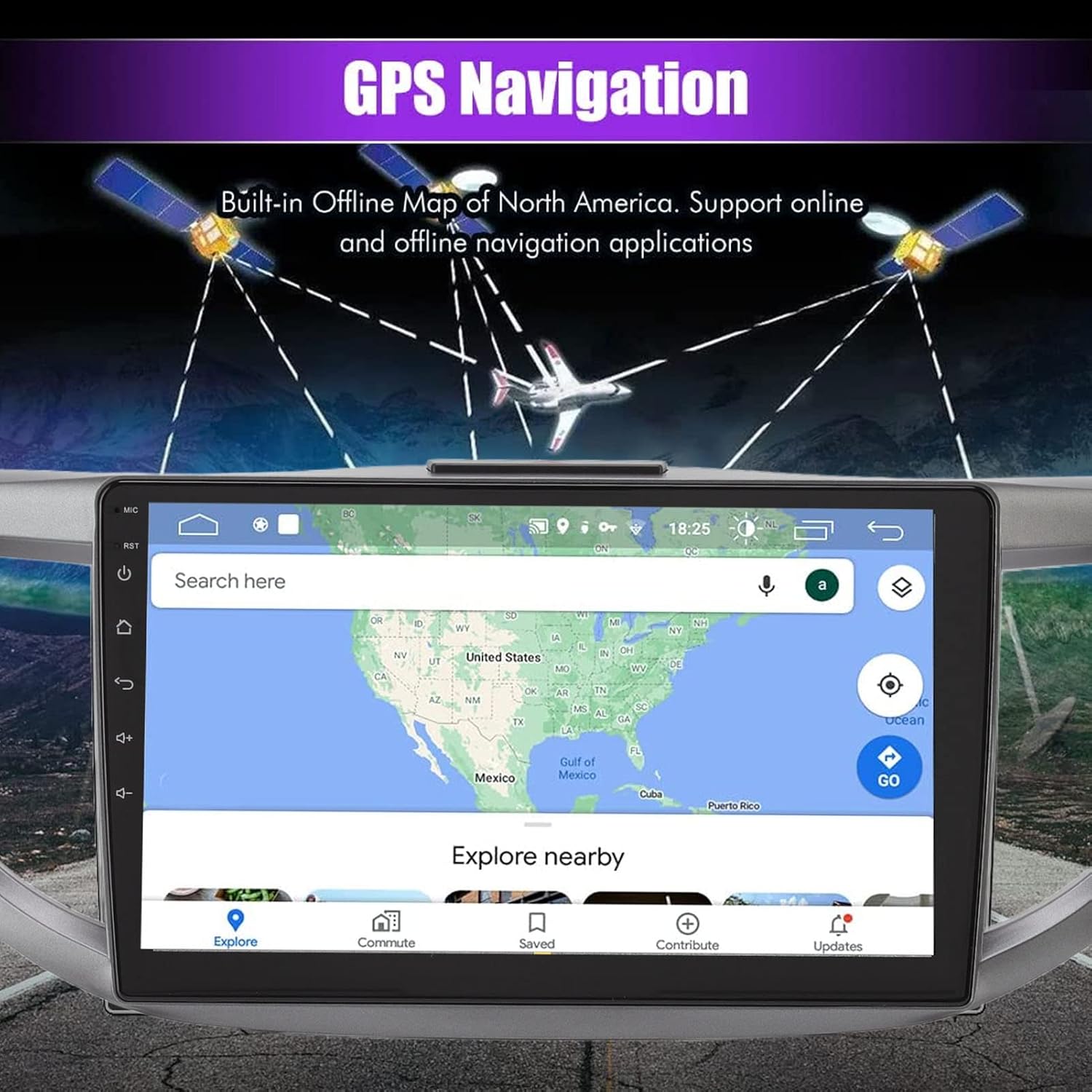 The Yoidesu Car Radio Stereo displaying a GPS navigation map of North America.