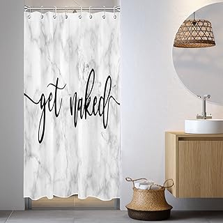 Grey and White Marble Small Stall Shower Curtain 48 x 68 inch, Half Size Get Naked Shower Curtain Liner, Modern Narrow Shower Curtain for Bathroom Decor, 48 inch Fabric Shower Curtain Set with Hooks
