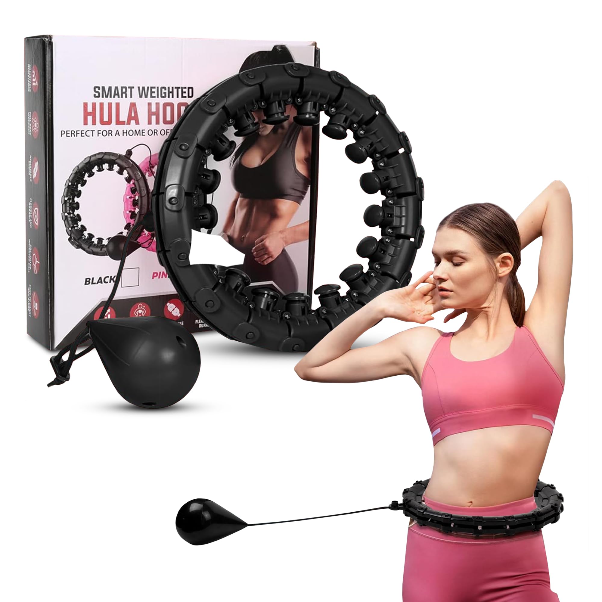 ASAB Weighted Hula Hoop for Adults and Kid 360 Degree Spinning Ball Easy to Assemble Fitness Smart Hula Hoop Detachable Adjustable Knots for Abdominal Exercise Hoop Detachable Ring Gymnastics Home Gym