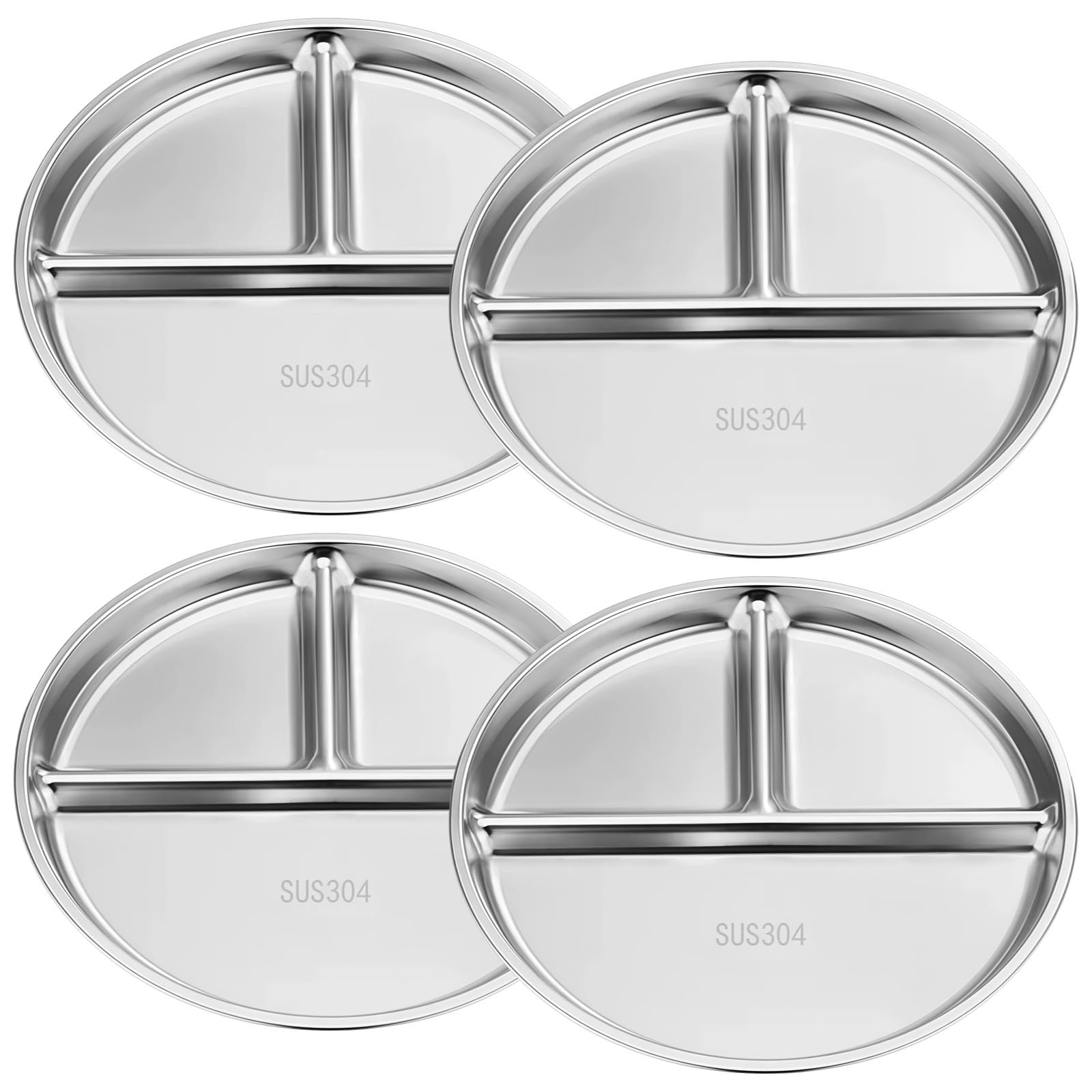 Lot de 4 assiettes divisées en acier inoxydable, design à 3 compartiments, résistantes à la corrosion, idéales pour la préparation et le service des repas