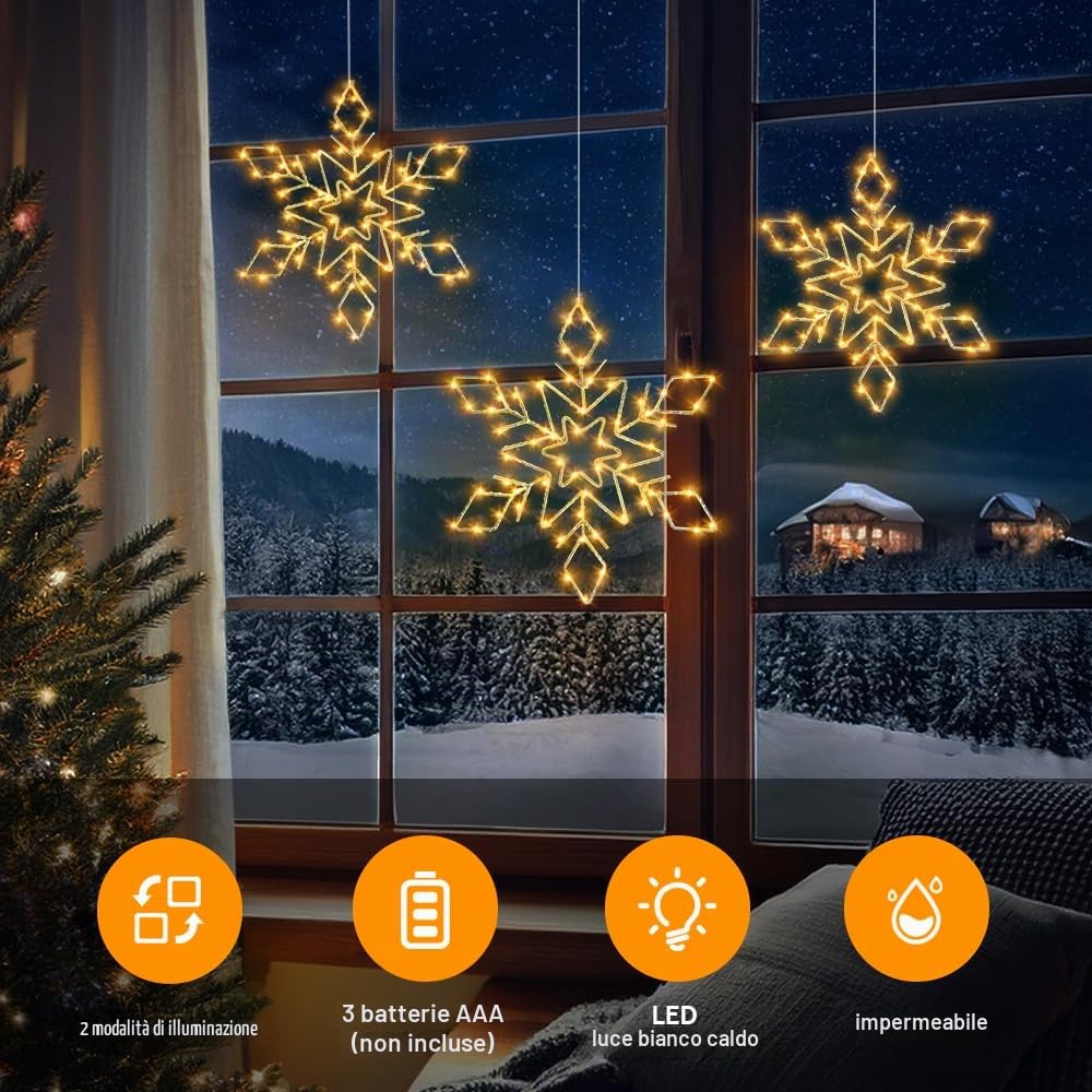 Luci natalizie per finestre, 3 pezzi, fiocchi di neve a LED, decorazione natalizia, decorazione natalizia, fiocco di neve, stella di Natale, finestra, finestra, decorazione natalizia per interni ed