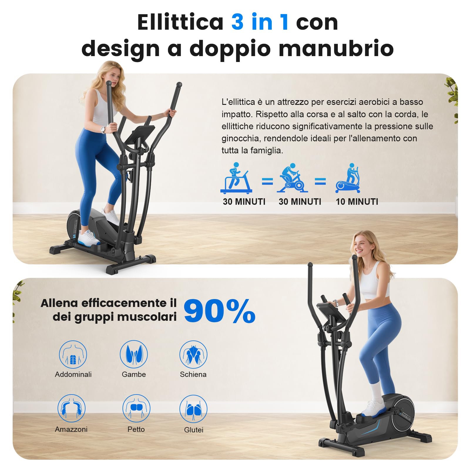Neezee Ellittica da Casa, Magnetico Ellittica Ultra Silenziosa con 16 Livelli di Resistenza, Volano da 8 kg, Falcata da 42cm, Peso Massimo 150 kg, Display LCD, Sensori di Pulsazioni
