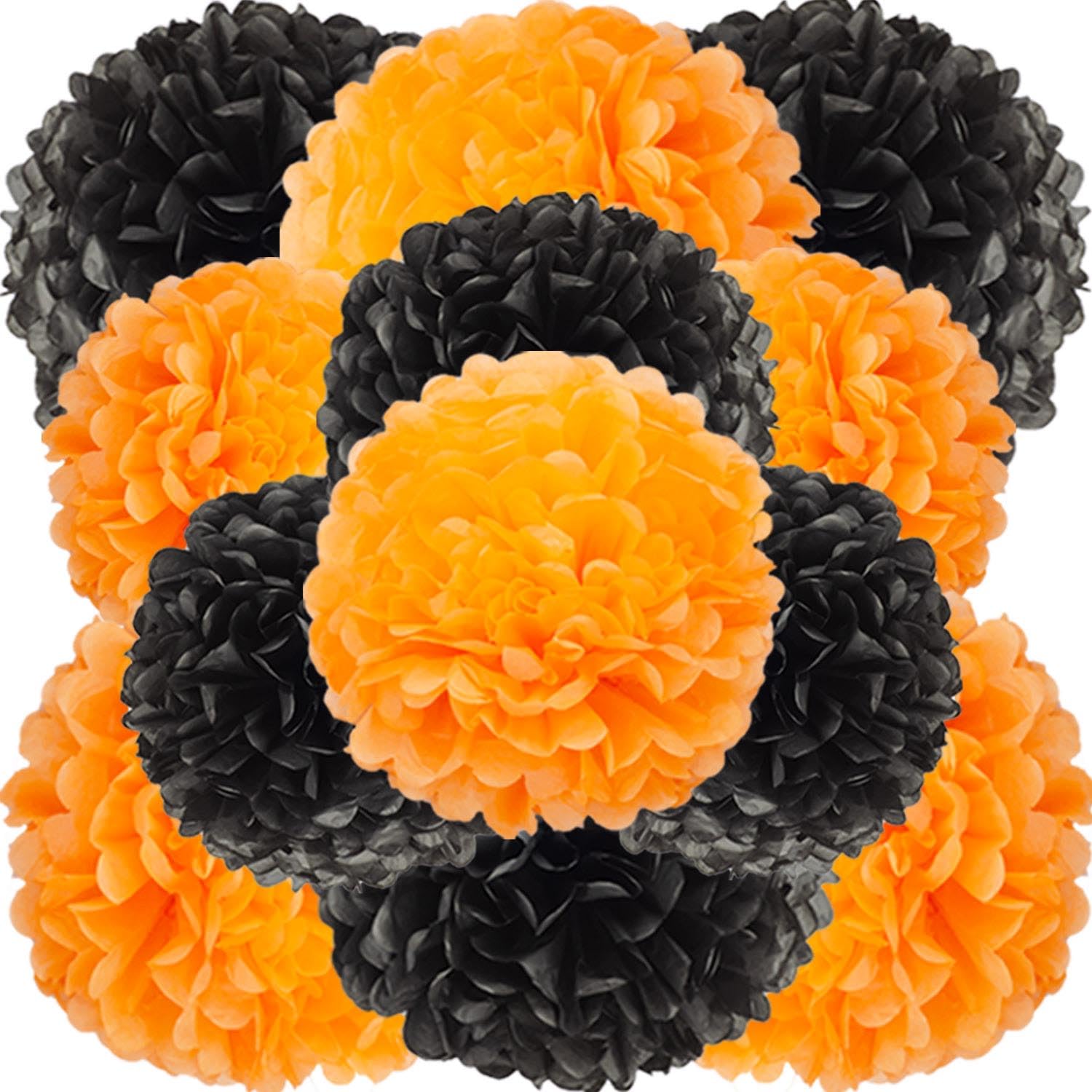 XIKSXITN 12 pc Orange Black Tissue Paper Pom poms-Hanging Paper Pom Poms Paper Flowers Ball for Halloween Party Decorations(10&12 inch)