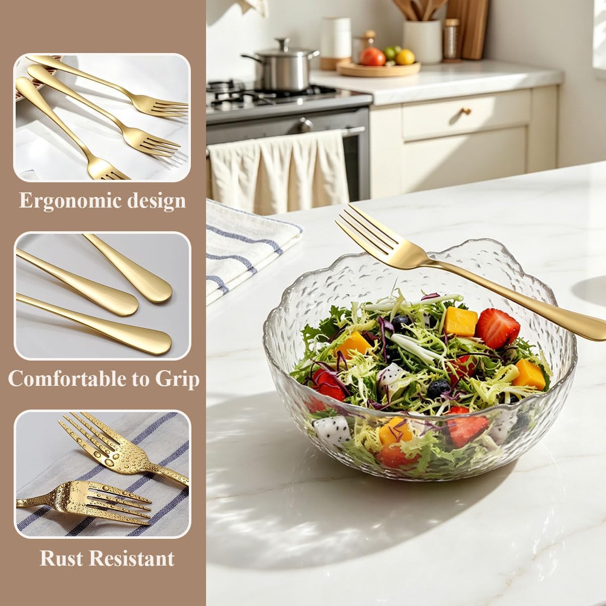Berglander 12-Piece Gold Dinner Forks Set, 7.28" Titanium Gold Plated Stainless Steel Table Salad Forks for Home Restaurant Hotel Wedding Party, Dishwasher Safe