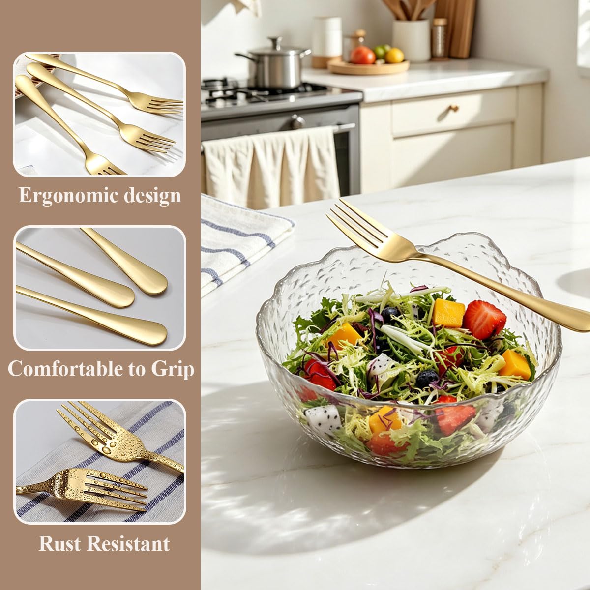 Berglander 12-Piece Gold Dinner Forks Set, 7.28" Titanium Gold Plated Stainless Steel Table Salad Forks for Home Restaurant Hotel Wedding Party, Dishwasher Safe — Amazon image 6