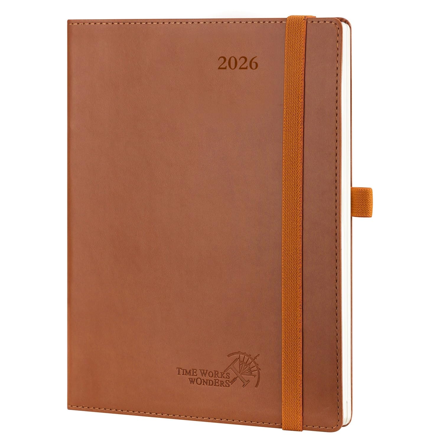 POPRUN 2026 Week to View Diary 22 x 16.5 cm - Soft Cover PU Leather Vertical Planner Jan 2026 to Dec 2026-12 Months with 2 Ribbon Bookmark 100gsm Paper Brown