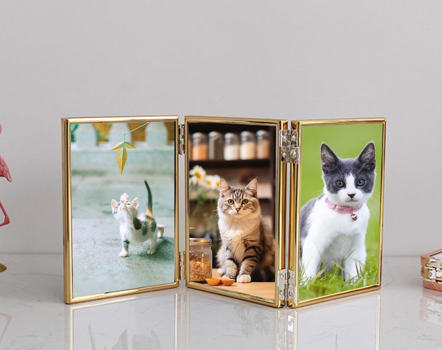 Gold Rectangle Trifold Frames 3x5 Table Display, Metal Picture Frame Vertical Small Glass Photo Frames with 3 Openings Home Office Decor