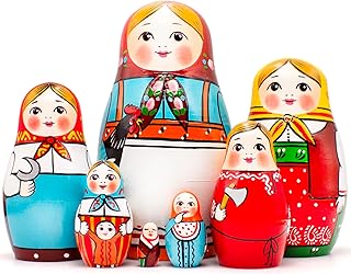 AEVVV Russian Nesting Dolls Set of 7 pcs - Babushka Dolls - Handmade Russian Doll in Slavic Dress with Rooster - Matryoshka Gifts - Russian Stacking Dolls