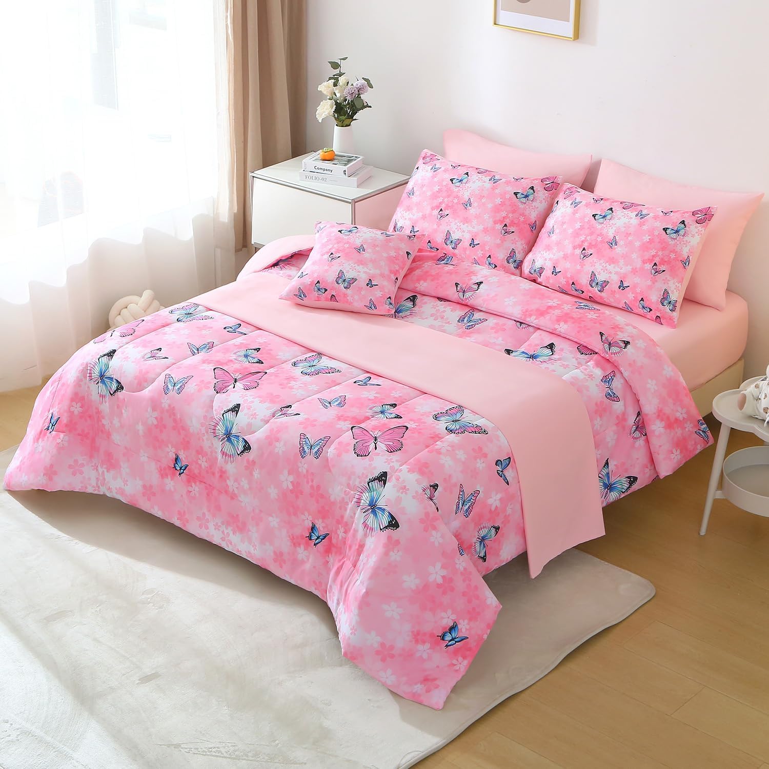JQinHome 6 Piece Butterfly Comforter Set Twin, 3D Pink Flower Printed Bedding Set, All Season Microfiber Butterfly Theme Home Decor Bedding for Girls with Sheet Sets (Pink) - Image 3