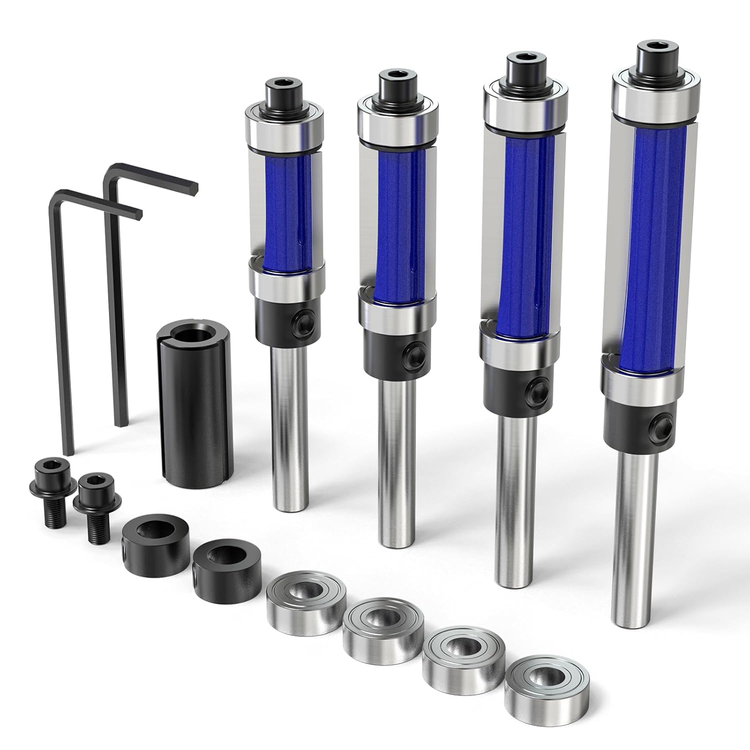 4Pcs Flush Trim Top and Bottom Bearing Router Bit 1/4Inch Shank for Woodworking, Cutting Diameter:1/2Inch, Cutting Length:3/4 Inch, 1 Inch, 1-1/4 Inch, 1-1/2 Inch with Bearing Replacement Set