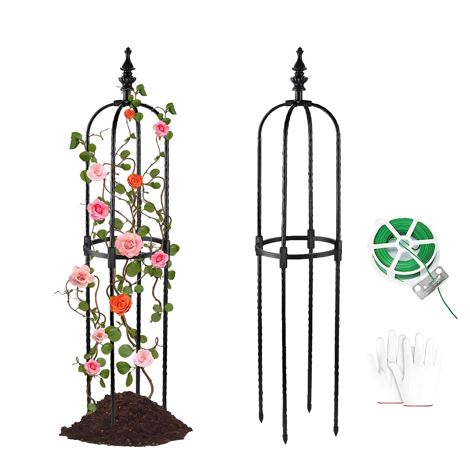 Enrejado de obelisco de jardín para plantas trepadoras, resistente a la intemperie, soporte metálico para plantas con revestimiento de plástico, 60 x 180 cm, apto para rosas, tomates, pepinos (negro)