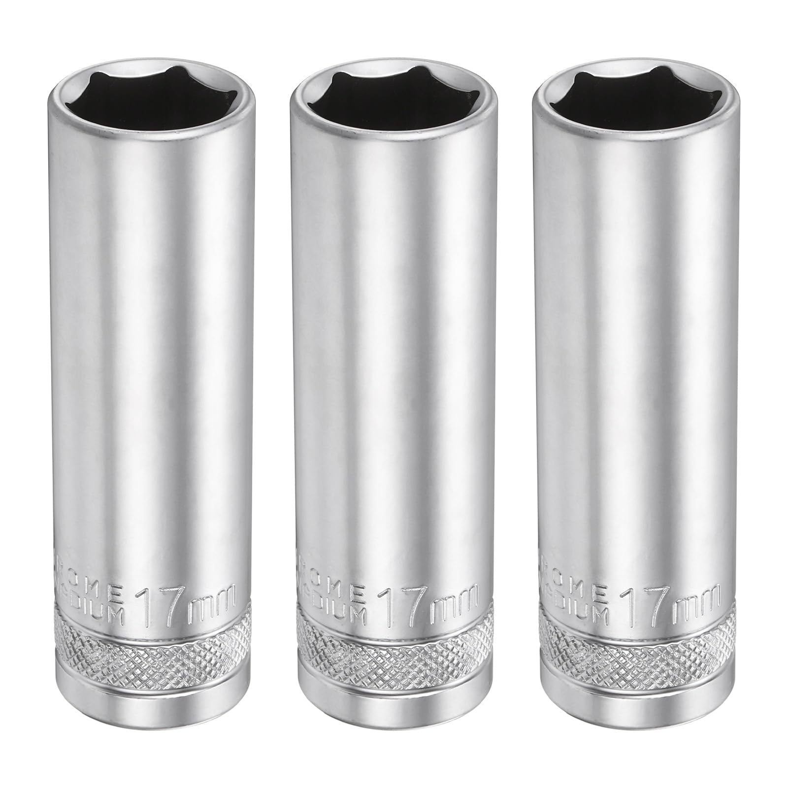 sourcing map 3pcs 6 Points Deep Socket 1/2" Drive 17mm Deep Metric CR-V Steel Polished Nickel Plating 78mm / 3.1" Long Hex Socket Tool for Home Auto Nuts Bolts Repair