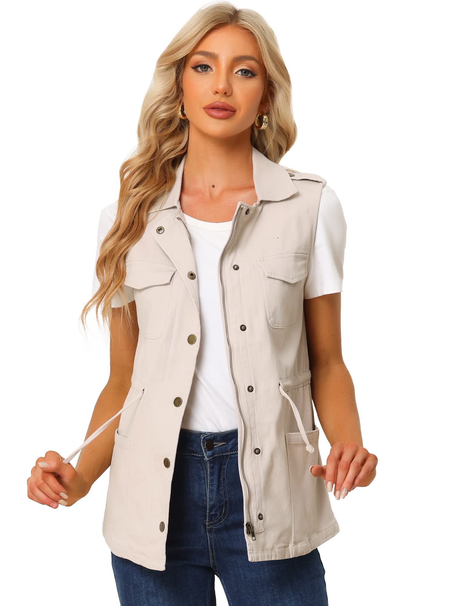 Allegra K Women's Zip Up Sleeveless Jacket Utility Outwear Cargo Vest