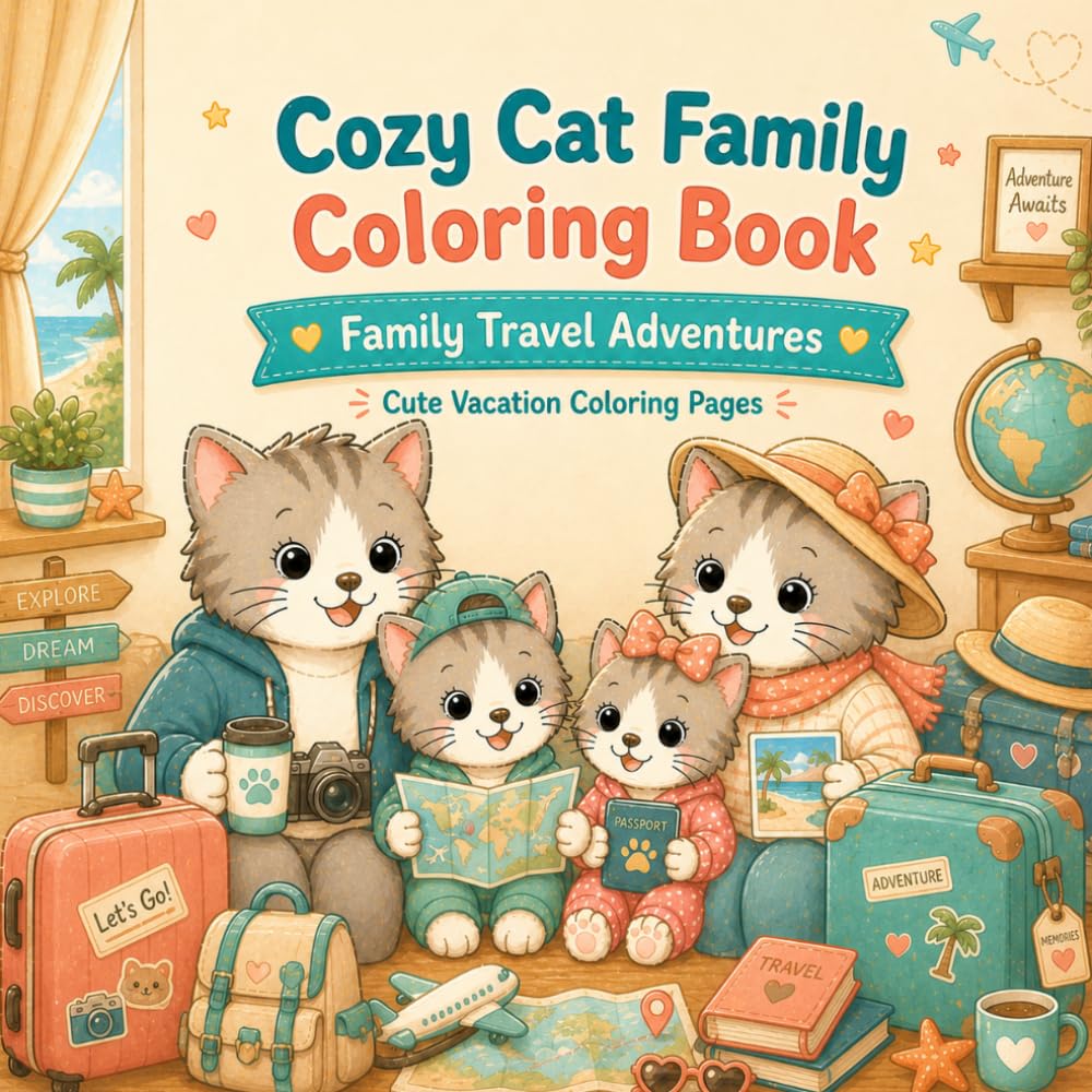 Cozy Cat Family Coloring Book: Family Travel Adventures: Cute Vacation Coloring Pages (Cozy Coloring Books)