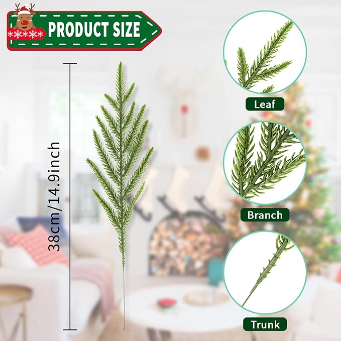 24Pcs Norfolk Pine Branches 13.5" Artificial Needles Sprigs Garland Accessories Vase Fillers Winter Fake Christmas Tree Picks Greenery Sprays for DIY Wreaths (24, Green)