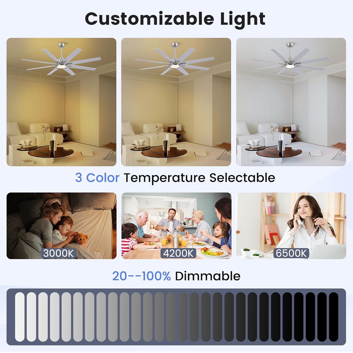 Newday 72 inch Large Ceiling Fans with Lights and Remote, Indoor/Outdoor Brushed Nickel Ceiling Fan for Living Room Patio, 6 Speeds Slient Reversible DC Motor, 3CCT, Timer, 3 Downrods, 8 Blades