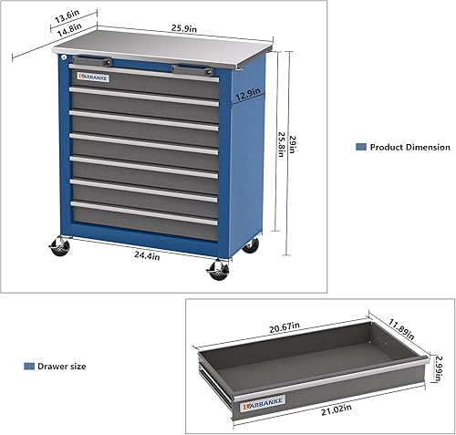 Miniatura 3 de LARBANKE Cofre de herramientas rodante de 7 cajones con sistema de bloqueo de llaves, caja de herramientas con ruedas bloqueables de 360 y cuatro