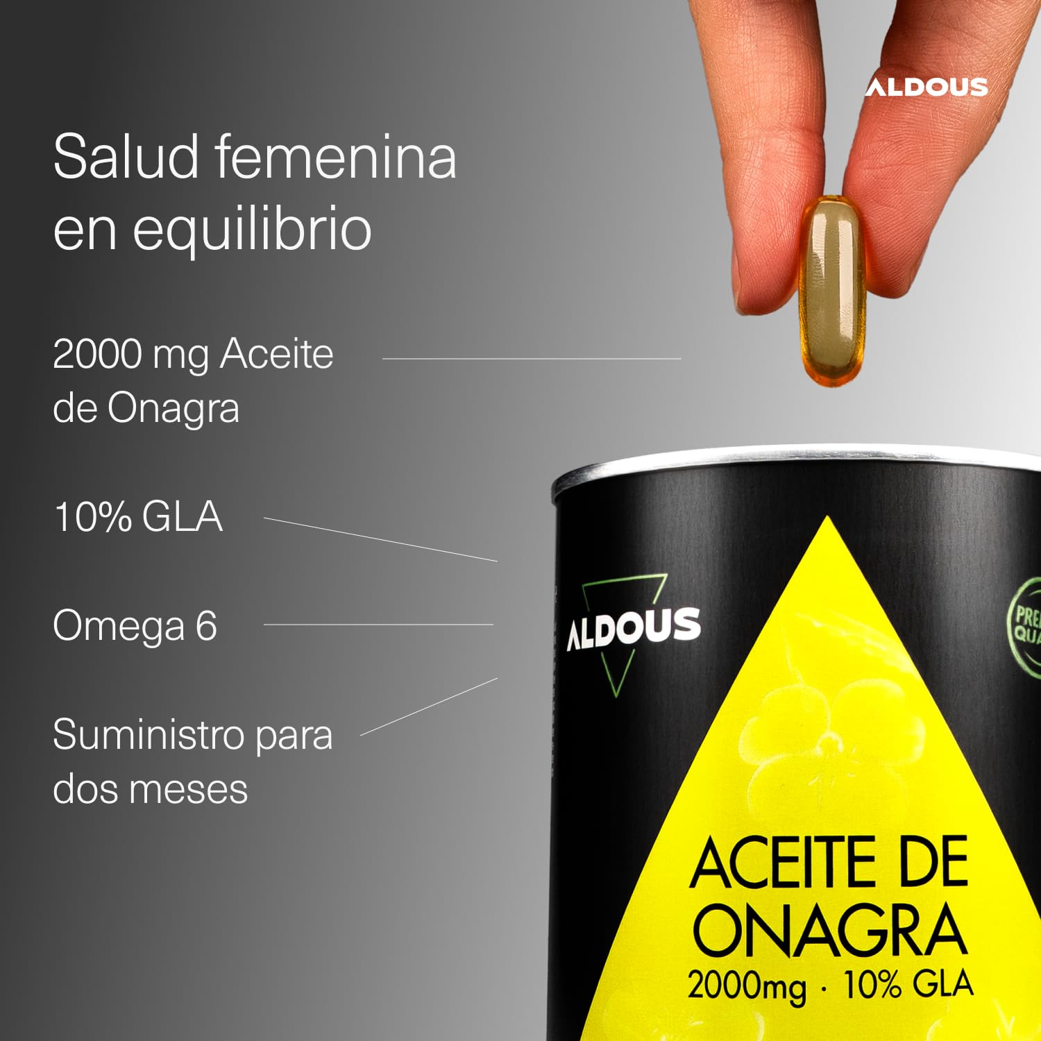 Huile d'onagre Perles 2000 mg avec 10% de GLA 200 mg - 200 gélules molles - Symptômes menstruels Régulateur hormonal féminin - Bien-être et fertilité de la femme - Oméga 6 - Aldous