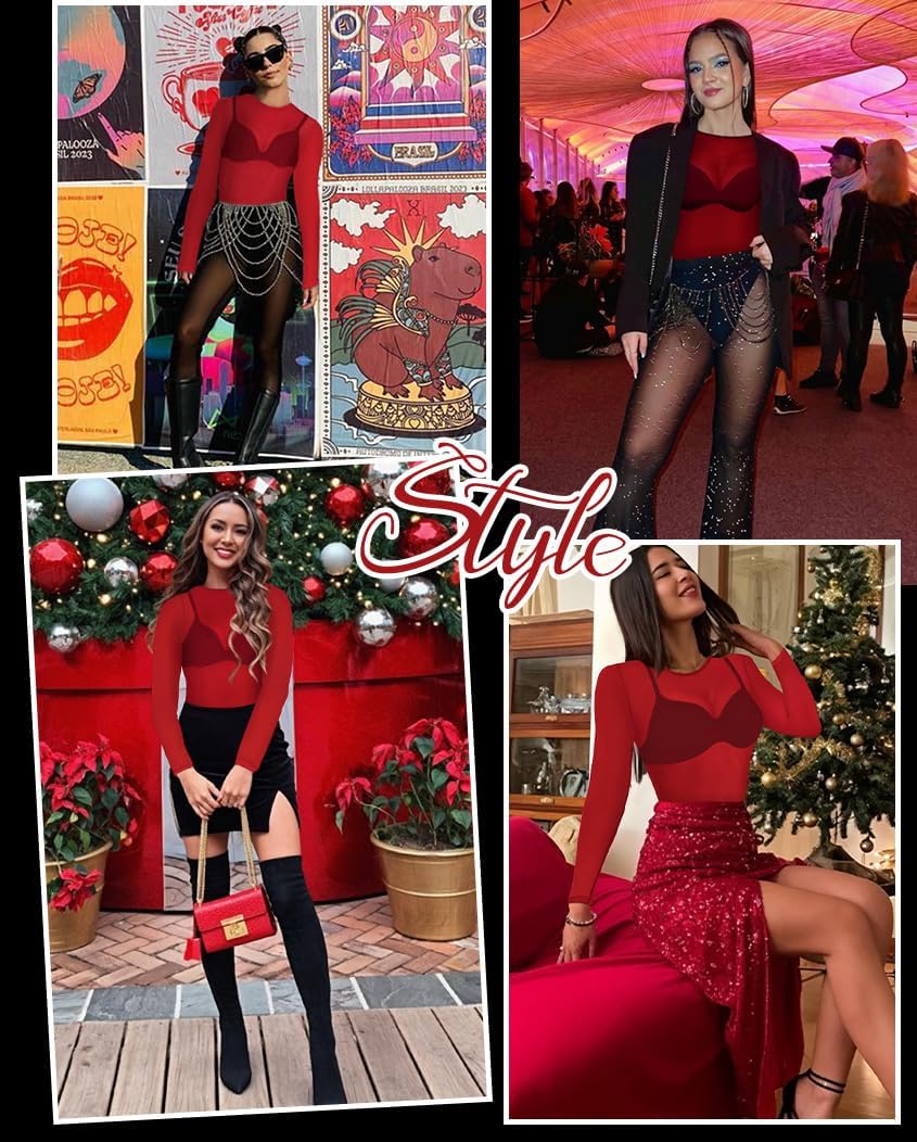 Women's Mesh Tops See Through Shirts Long Sleeve Bodycon Sheer Blouse Clubwear - Image 6