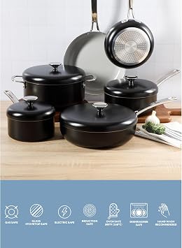 Sur La Table Kitchen Essentials Potluck Porch 10 Piece PFA Free Ceramic Non stick Interior Forged Aluminum Cookware Pots and Pans Set W/Aluminum Lids - Black - Induction Compatible