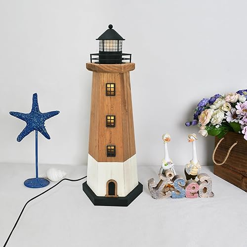 Miniatura 3 de Decoración de faro de madera con luz náutica de mesa, centro de mesa, decoración temática de playa, torre de luz decorativa, figura costera de