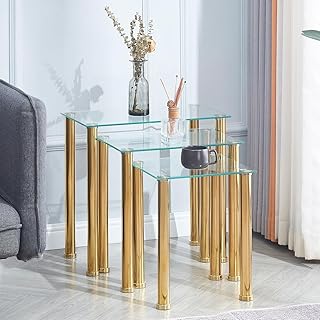 Gold Glass Nesting Table Set of 3 Modern Nest of Tables Living Room Nested End Table for Coffee, Glass Lamp Tables Nested for Sofa Side
